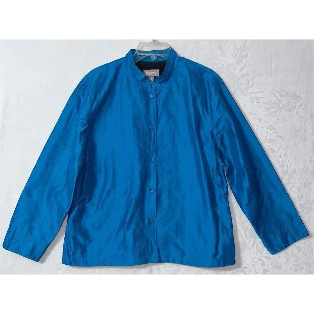 Chico's Women's Blue Ribbed Button-Up Jacket XL Long Sleeve